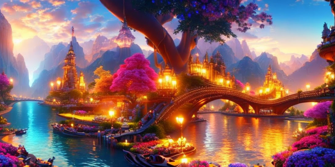 Fantasy landscape with pink blossoms, castles, canal, and mountains