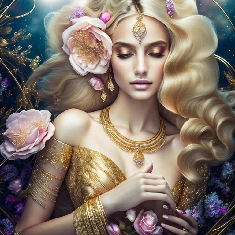 Blonde woman with flowers, golden jewelry, and floral backdrop