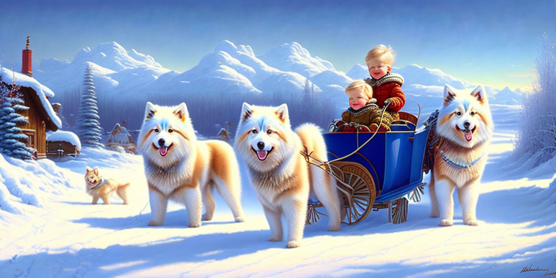 Children on sleigh pulled by dogs in snowy landscape with mountains and village.