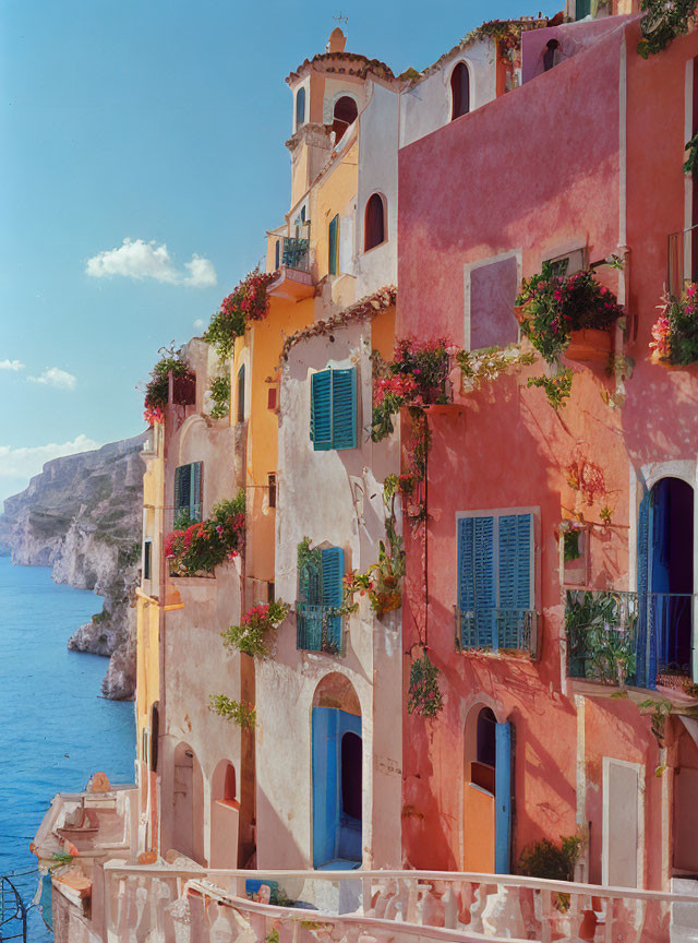 Peach-colored coastal building with shutters and overhanging plants by clear blue sea.