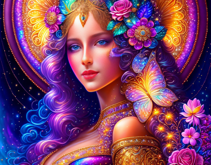 Colorful illustration of woman with purple hair, flowers, jewels, golden halo, and butterfly