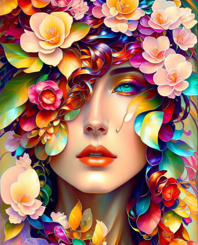 Colorful Woman's Face Artwork with Flowers and Leaves