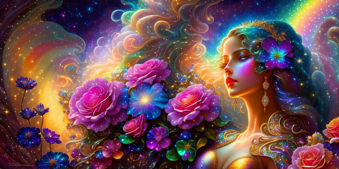 Digital Art: Woman with Flowing Hair in Cosmic Setting