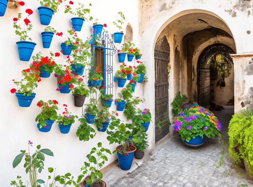 White-walled alley with red flowers and green plants in blue pots