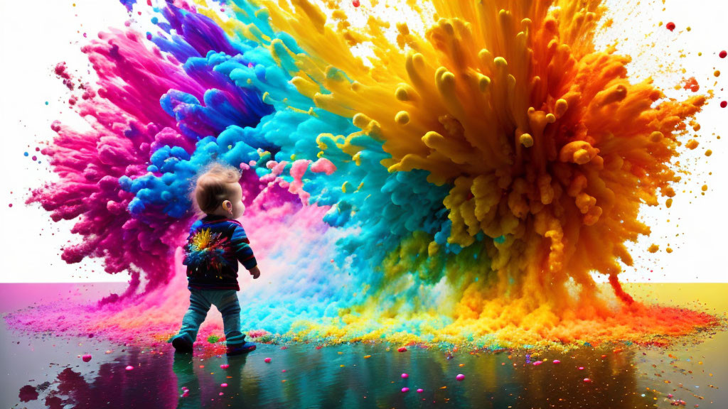 Toddler mesmerized by vibrant rainbow-colored powders