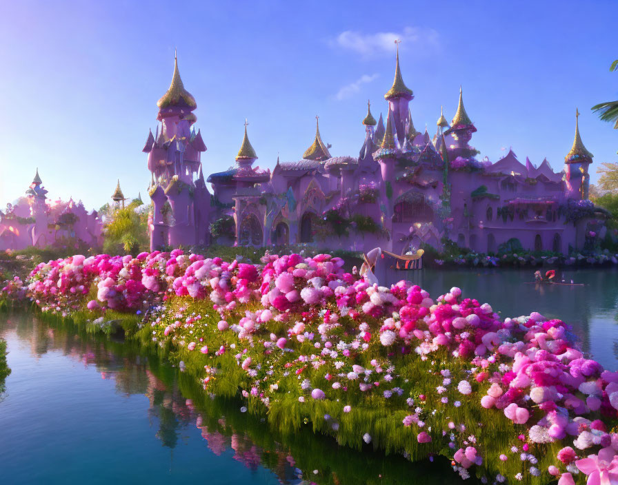 Whimsical castle with spires in vibrant landscape of pink flowers and serene lake