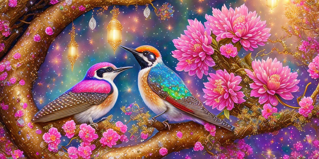 Colorful Birds on Blossom Branch Against Starry Background with Lanterns