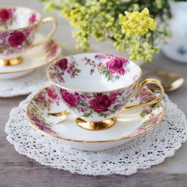 Vintage Floral Teacup and Saucer with Gold Trim on Lace Doily