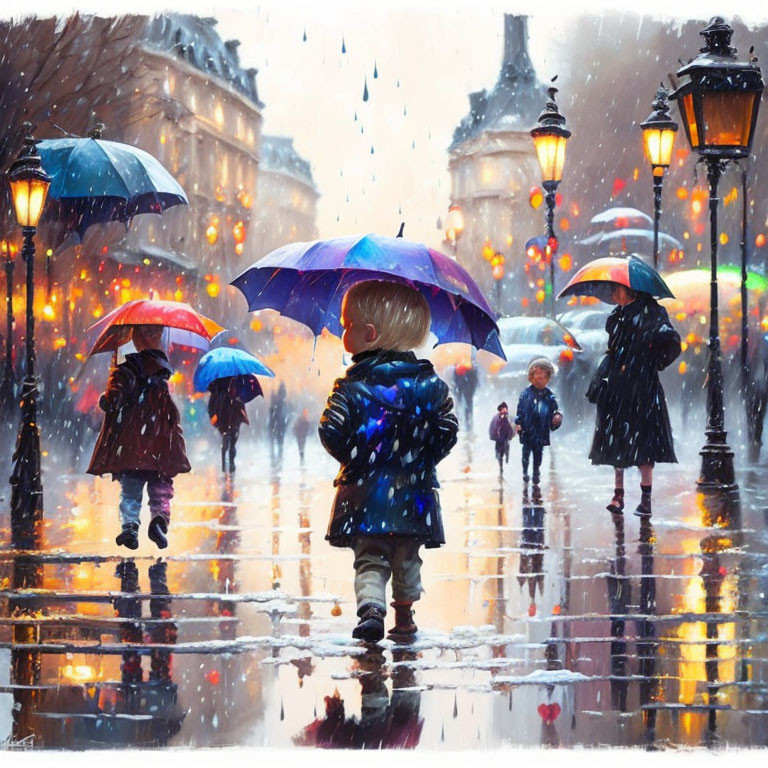 Child in blue coat and purple umbrella on rainy city street with pedestrians and street lamps.