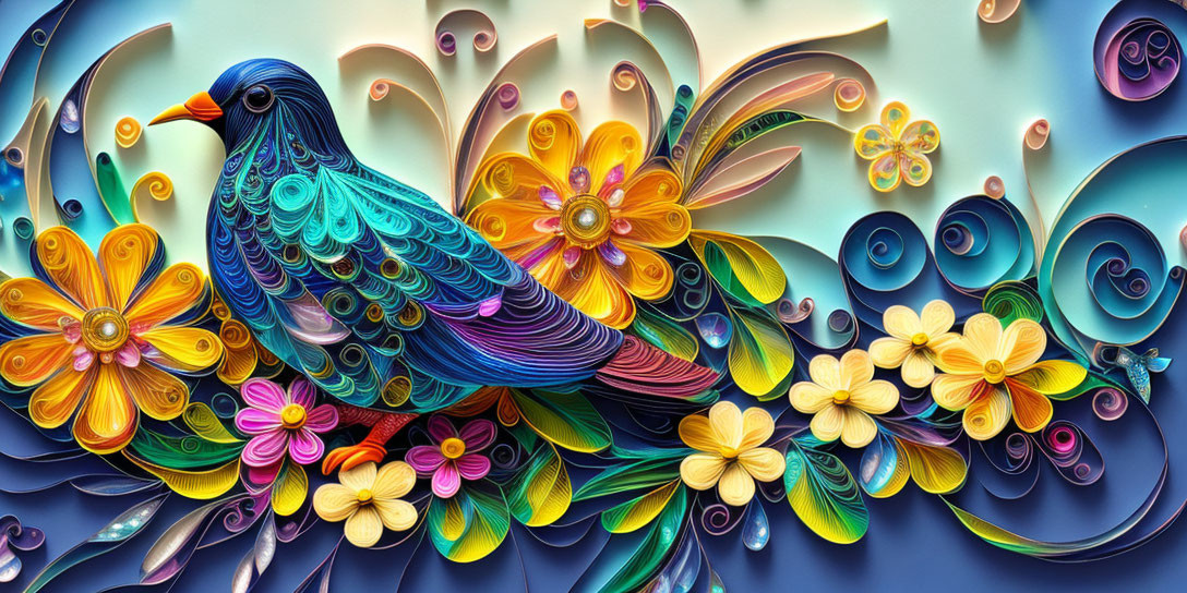 Colorful Paper Art: Vibrant Bird, Flowers, Quilling Technique