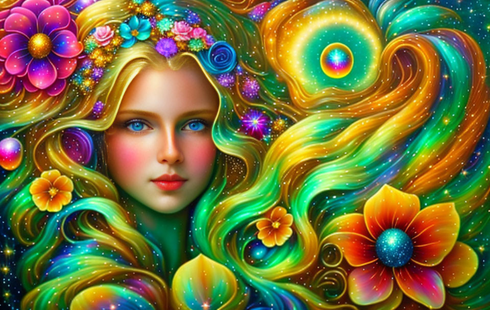 Colorful digital artwork of a woman with blue eyes and floral elements on a fantasy-themed backdrop