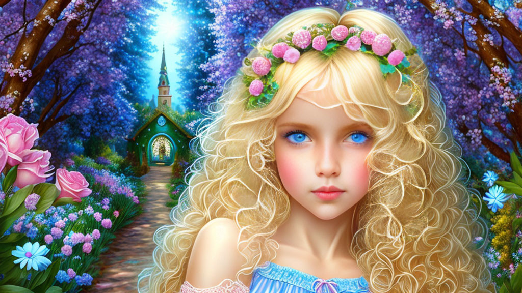 Young girl with blonde hair in flower crown in enchanted forest.