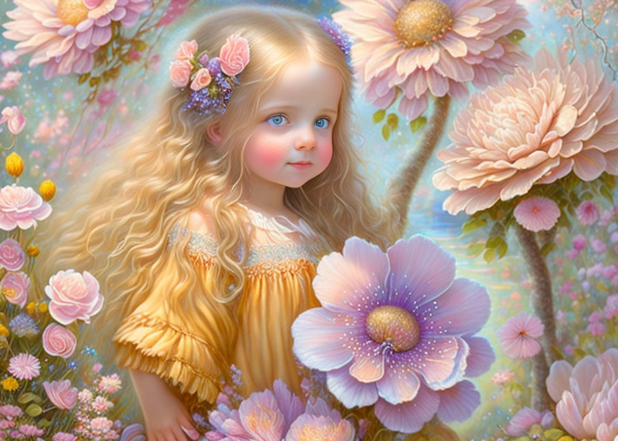 Blonde Girl Surrounded by Pastel Flowers and Wearing Yellow Dress