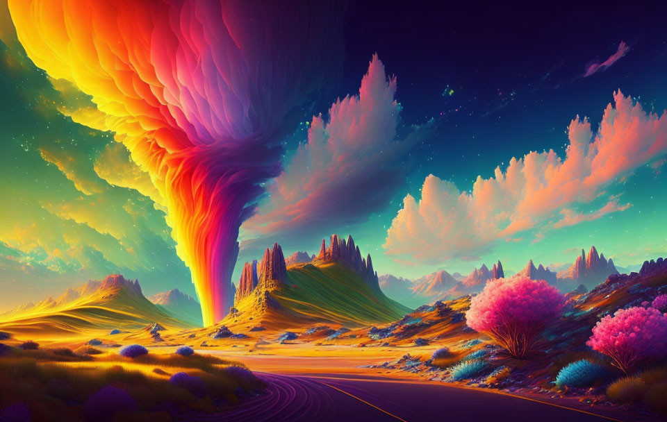 Colorful surreal landscape with tornado, rainbow sky, pink trees, and winding road