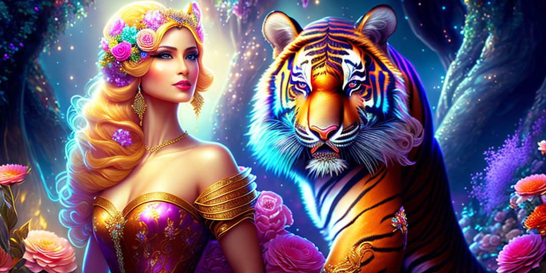 Illustration of woman with floral tiger in magical starry scene