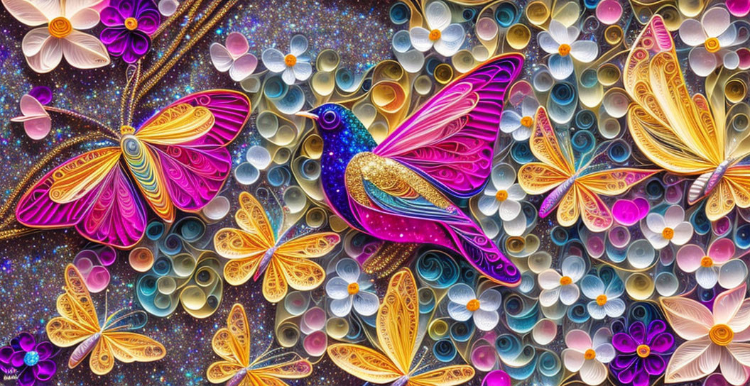 Colorful hummingbird and butterflies in vibrant digital artwork