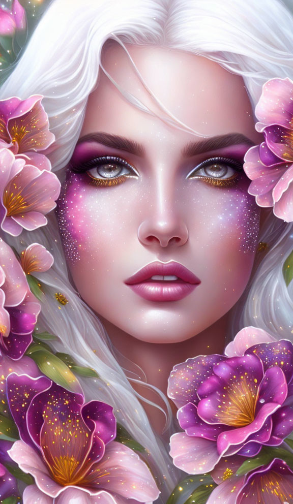 Woman with Sparkling Purple Eye Makeup and White Hair Among Vibrant Purple Flowers