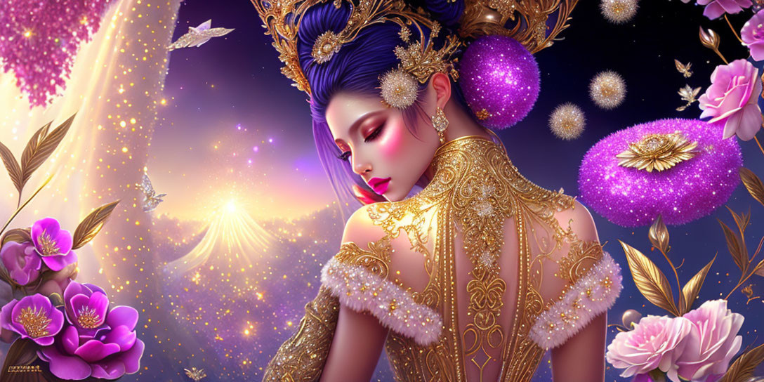 Ethereal woman in gold and purple attire with elaborate headdress, surrounded by flowers.