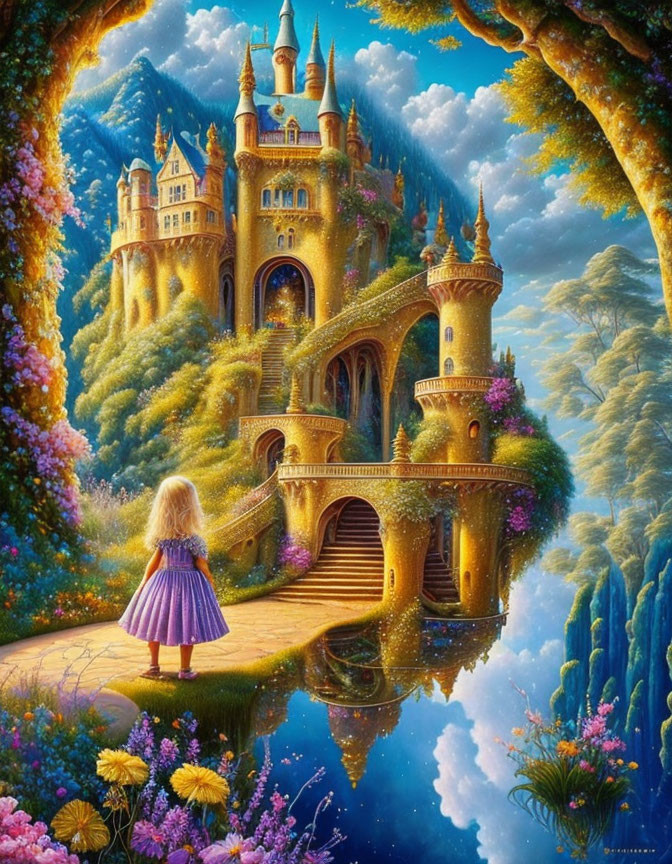 Young girl in purple dress at fantastical castle with lush flora & blue sky