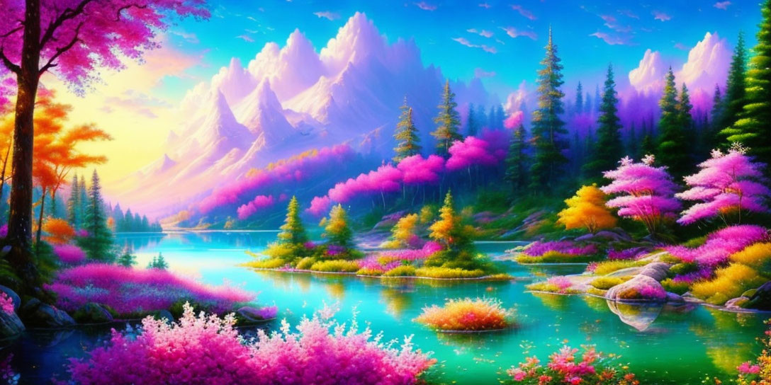 Colorful Landscape with River, Flowering Trees, and Mountains