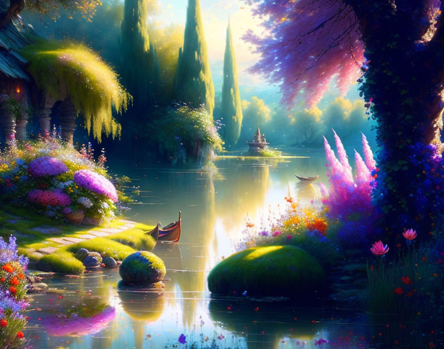 Colorful Flora and Luminous River in Fantastical Landscape