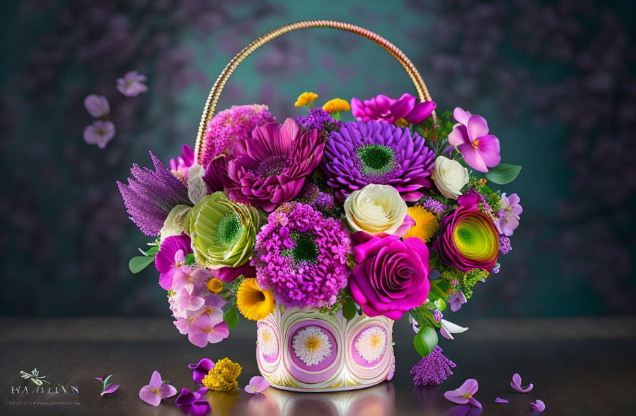 Colorful Mixed Flower Bouquet in Decorative Vase on Floral Background