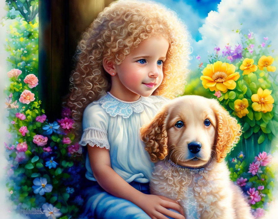 Young girl with blonde hair and blue dress next to golden puppy in vibrant flower setting.