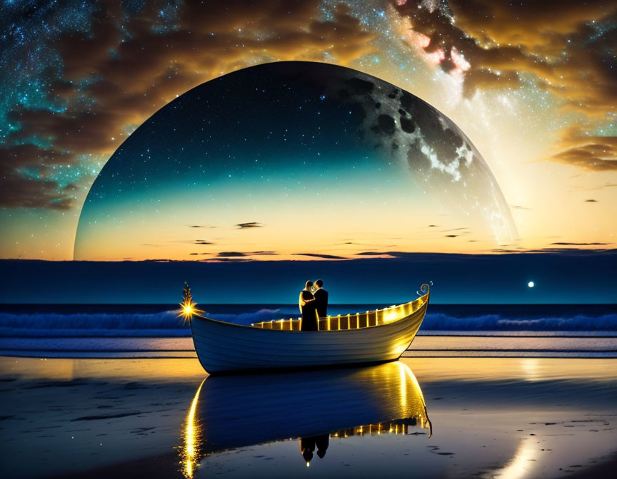 Couple embracing in boat under starry sky with oversized moon on beach