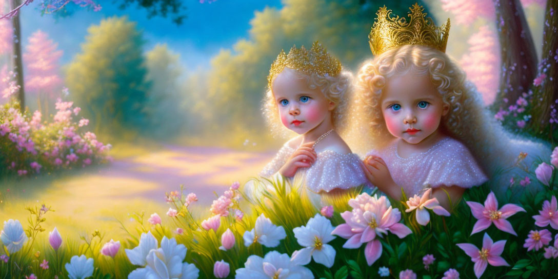 Golden-crowned children among blooming flowers in sunlit forest