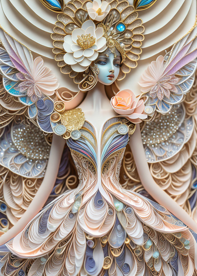 Detailed Paper Art Sculpture of Woman in Multicolored Dress