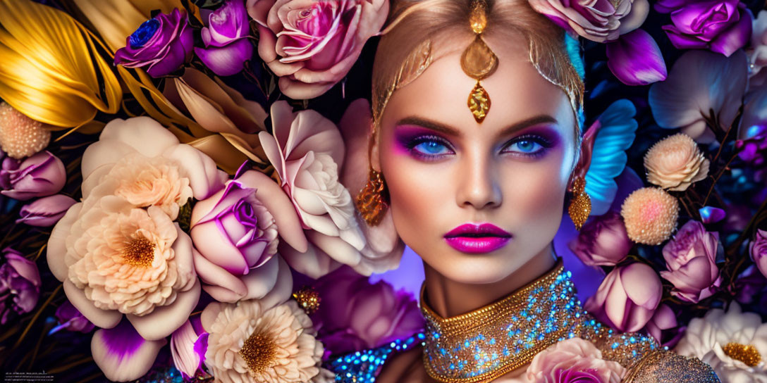 Woman with Blue Eyes Surrounded by Roses and Peonies in Gold Jewelry