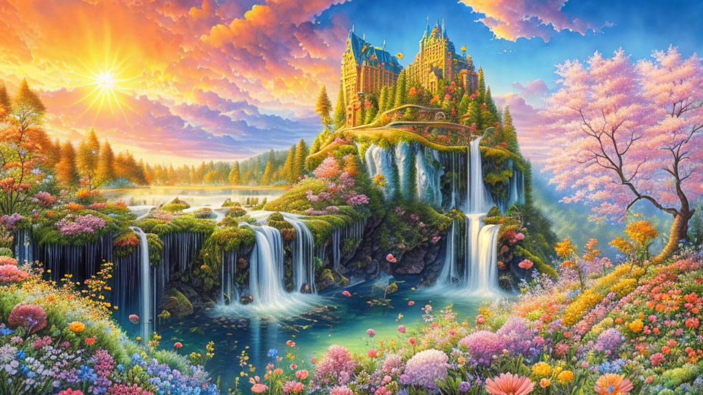 Fantastical landscape with waterfalls, castle, flowers, and sunset