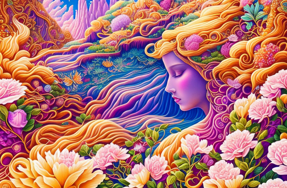 Colorful Psychedelic Artwork: Woman's Profile Blending with Vibrant Landscape