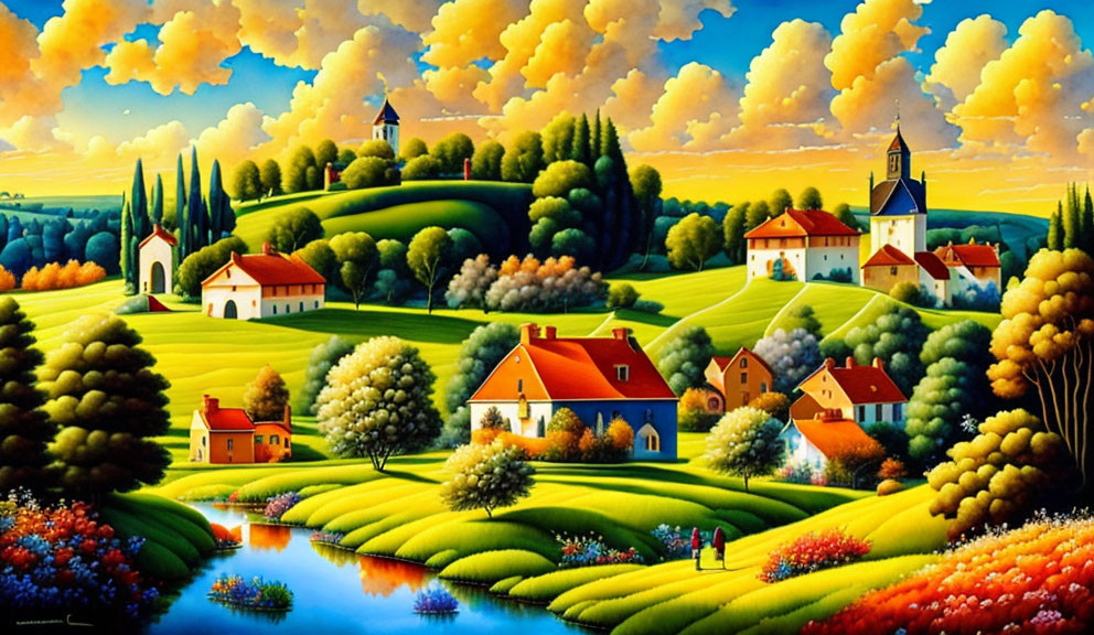 Colorful landscape with rolling hills, trees, houses, river, and people walking.