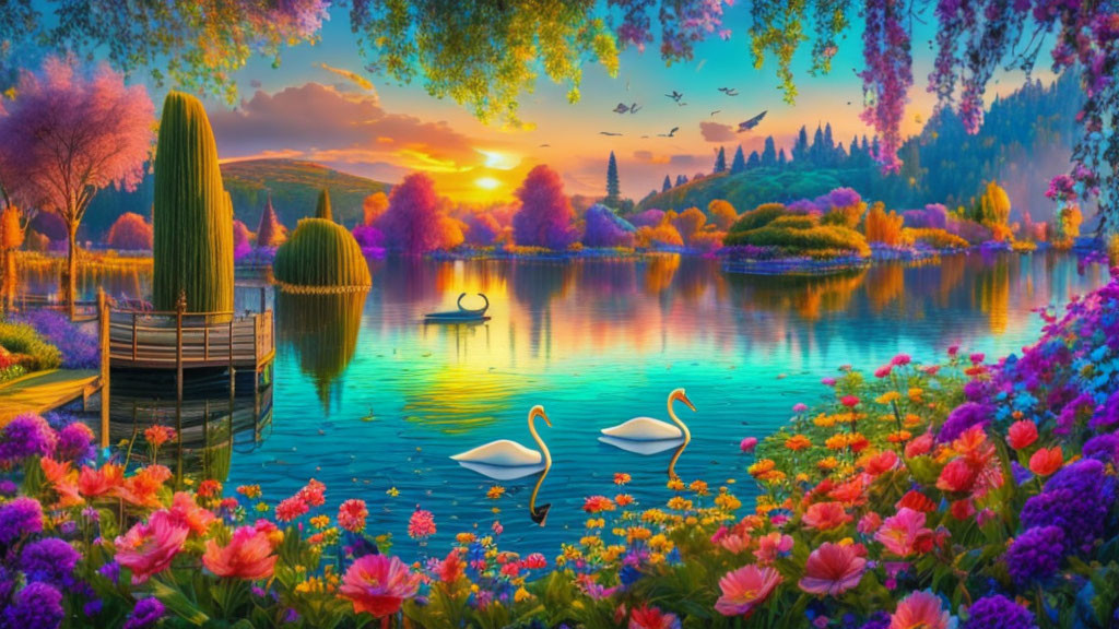 Tranquil sunset lake landscape with swans, boat, and lush flora