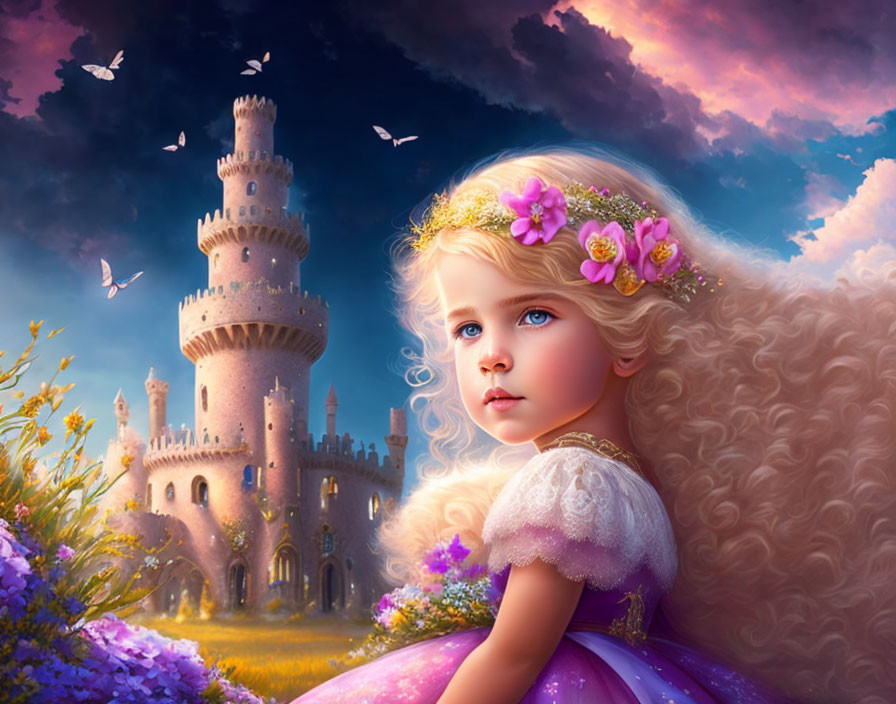 Young girl with floral crown in purple dress near castle amidst flowers and butterflies under twilight sky