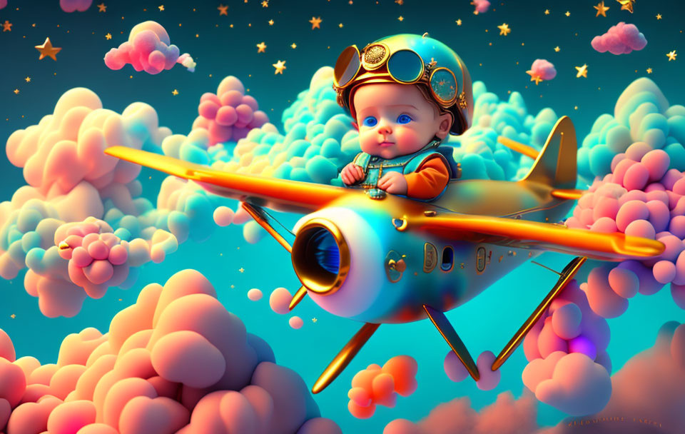 Baby pilot in goggles flying orange cartoon airplane amid pink clouds