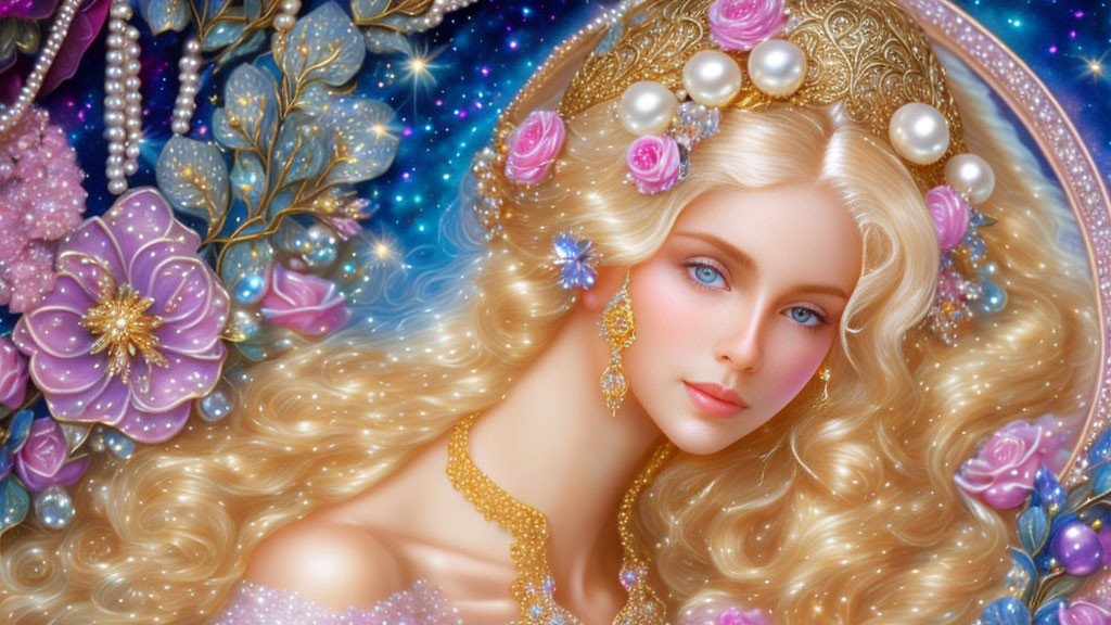 Golden-haired fairytale woman with pearls and flowers under starry sky