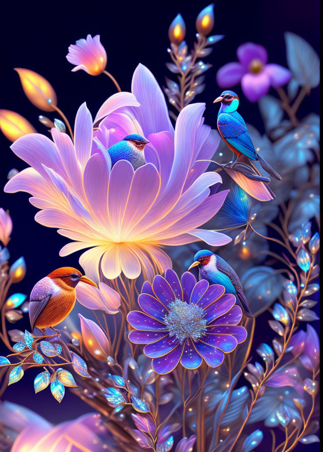 Vibrant digital art: Birds on glowing flowers against dark blue backdrop