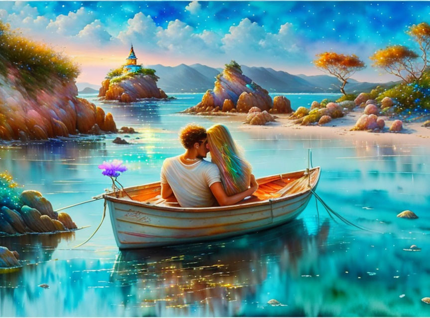 Couple in boat admiring vibrant, fantastical landscape