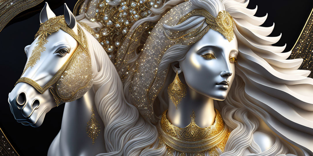 Ethereal woman and horse with golden adornments in digital art