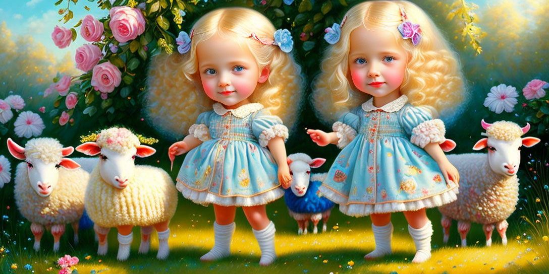 Two young girls in blue dresses amidst sheep in a vibrant, flower-filled landscape