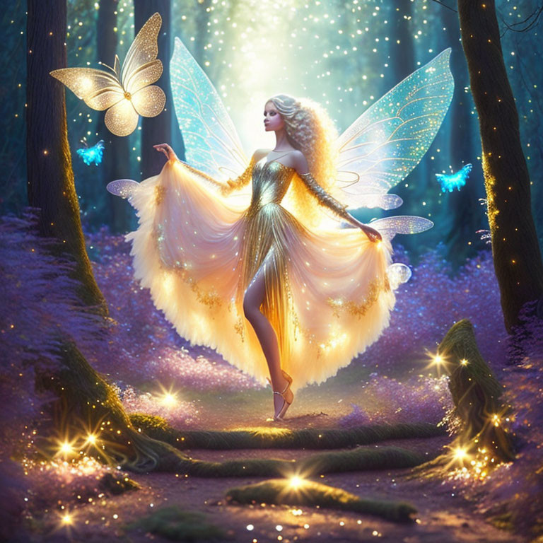 Glowing fairy with translucent wings and magical butterflies in enchanted forest