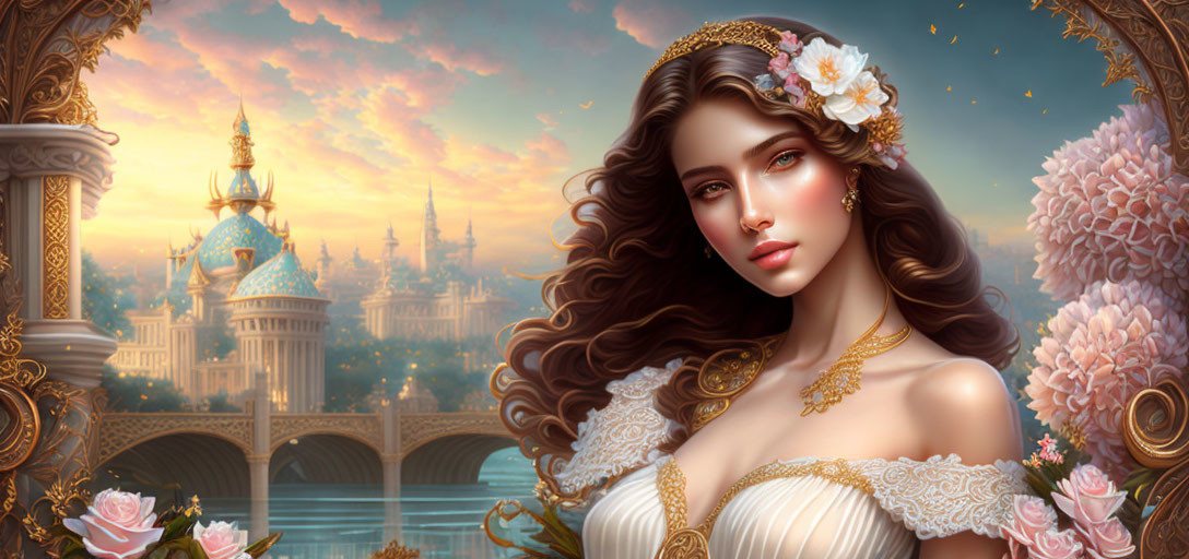 Fantasy woman portrait with floral hair, golden jewelry, and castle under sunset.