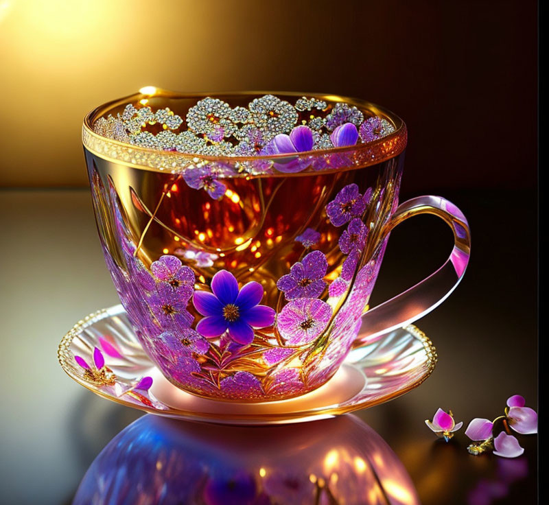 Translucent teacup with floral design and gold rim on glossy surface