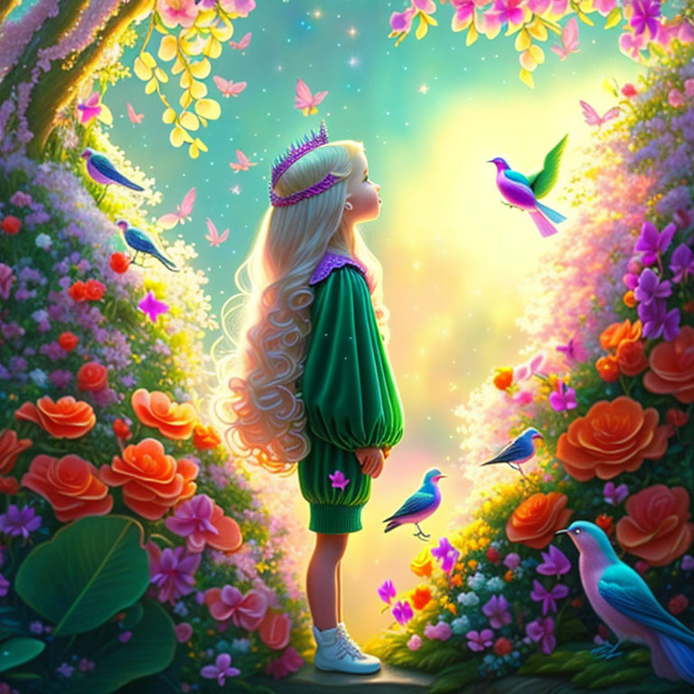 Young girl in green dress surrounded by vibrant garden and colorful birds under starry sky