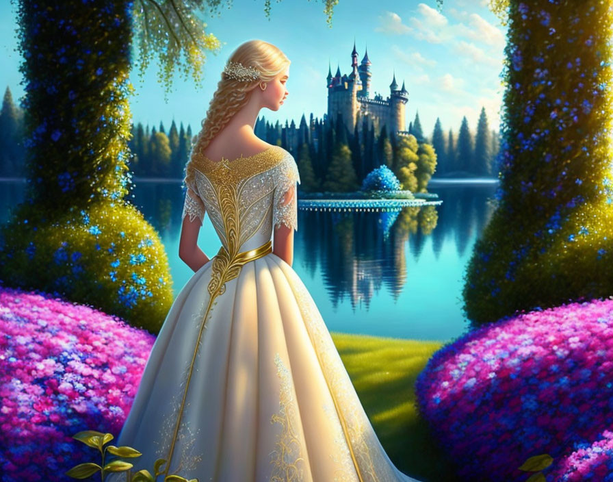 Princess in golden gown admires distant castle over serene lake