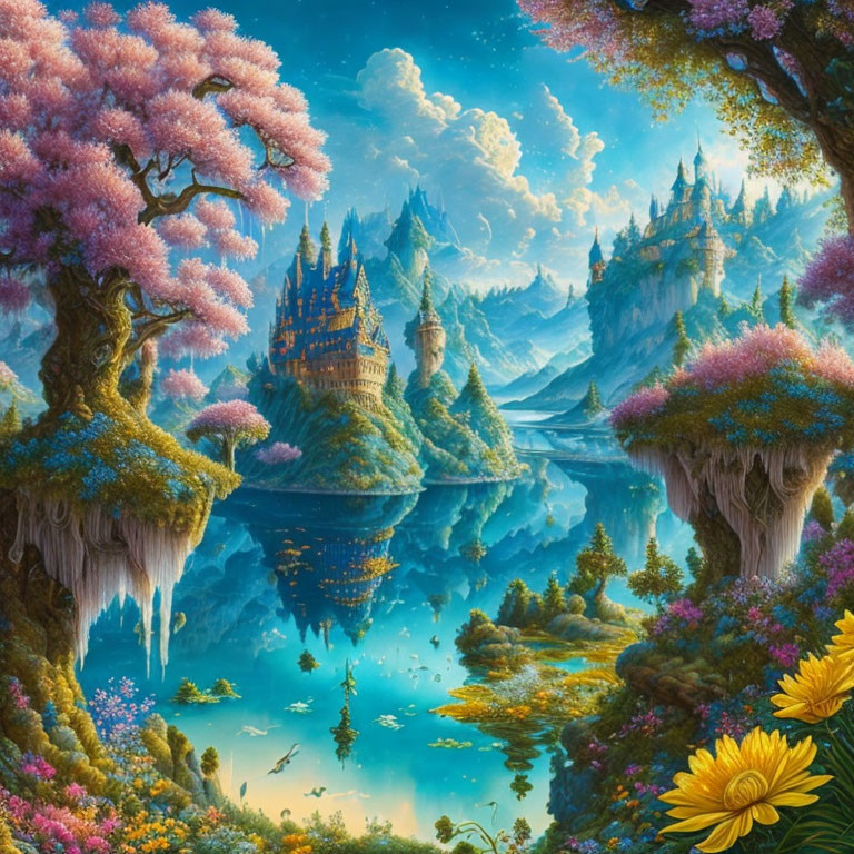 Fantasy landscape with pink trees, castles, lake, and mountains