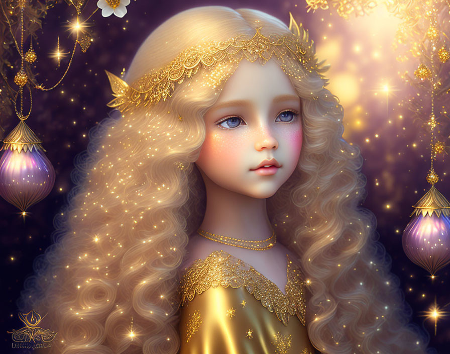 Young girl with golden hair in shimmering gold dress and leafy headpiece in digital artwork.