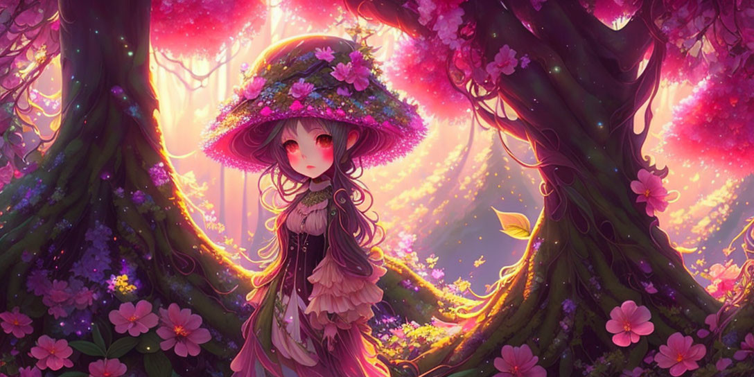 Anime-style illustration: Girl in floral hat in magical forest with pink trees.